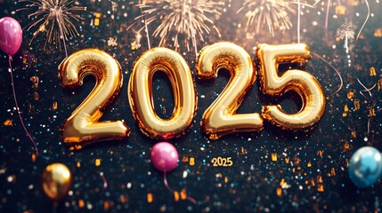 festive "2025" text with balloons and fireworks, celebratory New Year theme, high resolution, vibrant colors, luxurious golden text, detailed decorations, 3D render