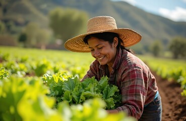 Smiling latin american farmer harvests lettuce on sunny day. Agriculture industry woman works in field. Organic farming, small business, sustainable agriculture, local food production, farm-to-table