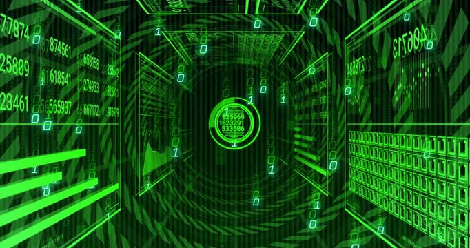 Animation of digital tunnel with binary code and numbers in green futuristic design