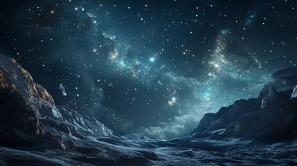 Celestial Mountain Landscape Digital Art, Starry Night, Alien Planet, 3D Render, Fantasy Scenery Space Art, Sci-Fi Landscape