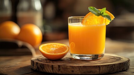 Refreshing Orange Juice with a Slice of Orange and Mint