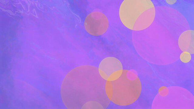 Fundo com manchas de tinta lil&aacute;s colorido. Papel de parede criativo com circulos coloridas transparentes em tons de amarelo e violeta