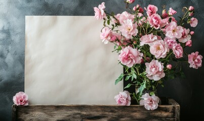 Pink flower bouquet placed on a rustic wooden crate in front of a plain sheet of paper, paper with flowers, home decor
