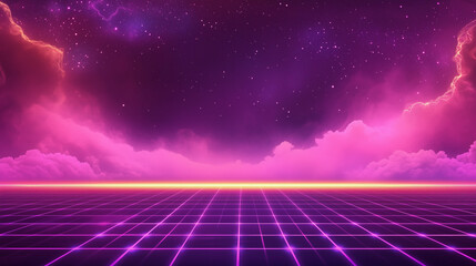 A retro synthwave background with glowing grid lines and a neon purple sky