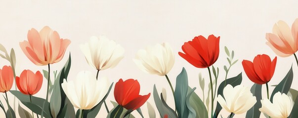 Tulips with biege background. Spring or Mother's day concept. Tulips background for greeting card, floral flat lay image with copy space.