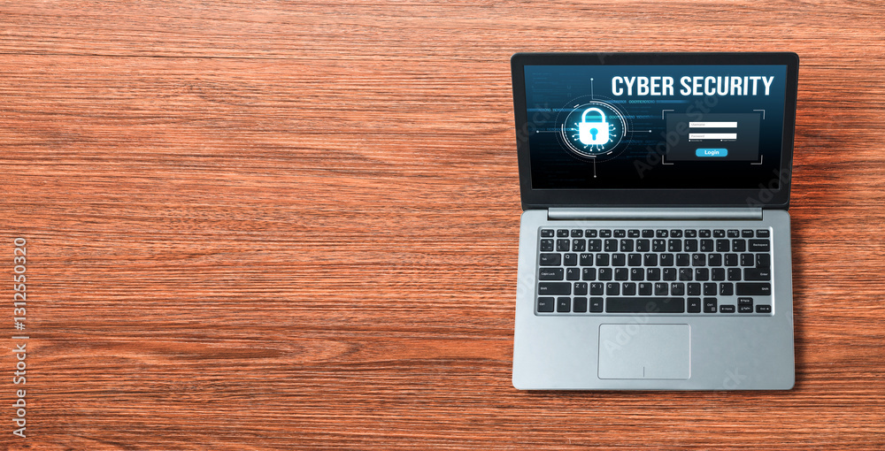 Poster cyber security system on computer screen protect private information snugly from hacker and cyber at