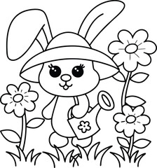 Cute Cartoon Bunny Wearing a Hat and Watering Flowers in a Garden