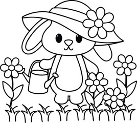 Obraz premium Cute Cartoon Bunny Wearing a Hat and Watering Flowers in a Garden