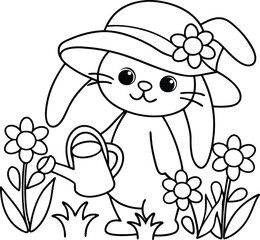 Cute Cartoon Bunny Wearing a Hat and Watering Flowers in a Garden