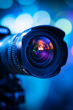Professional movie-level video camera with zoom lens in action, capturing high-definition footage as the lens smoothly adjusts focus and depth for cinematic quality recording in film production