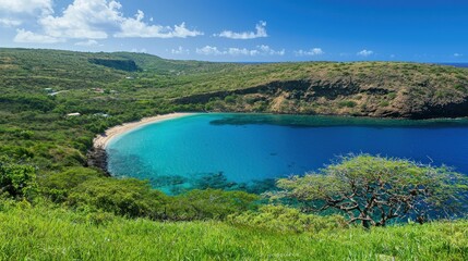 Fototapeta premium Hawaiian bay, scenic overlook, turquoise water, lush greenery