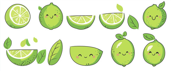 A set of cute, kawaii-style illustrations featuring limes