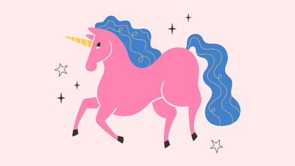 Cute pink unicorn. Fairytale funny whimsical groovy horse. Print design for greeting cards, posters, banners. Year of the Horse. Vector illustration in flat style