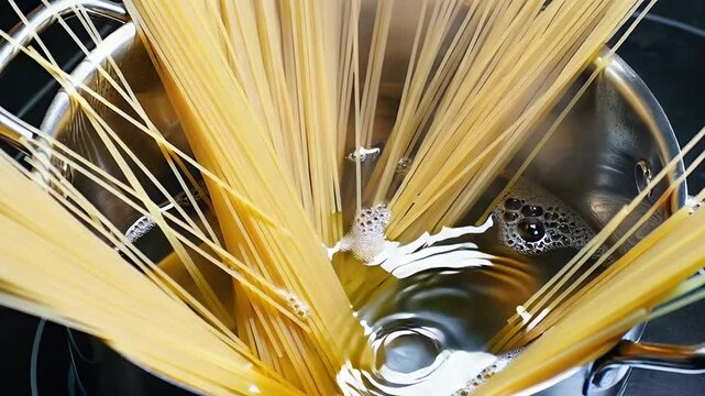 Spaghetti fallen in einen gro&szlig;en Kochtopf mit kochendem Wasser