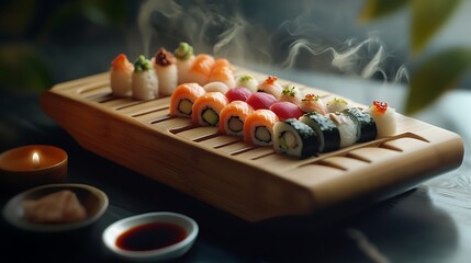 An arrangement of various sushi rolls and nigiri presented beautifully