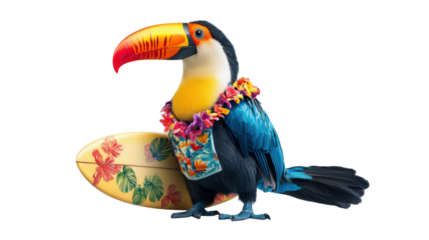 Toucan wearing hawaiian shirt and flower necklace holding surfboard on transparent background