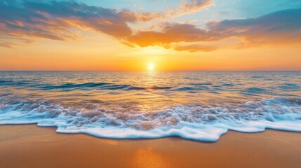 A golden sunset over a tranquil ocean, waves gently rolling onto the shore, breathtaking and serene