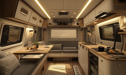 Cozy, modern camper van interior with kitchen and living space.