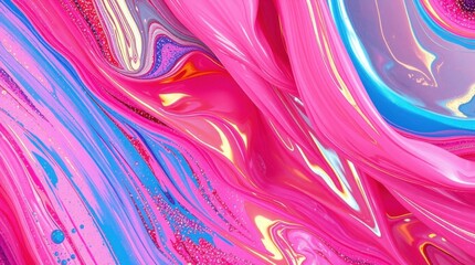 Vibrant pink and blue abstract swirl with glossy finish showcasing fluid art technique capturing motion and depth at an art studio