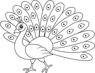 Outline Illustration of a Peacock with Spread Feathers for Coloring Pages
