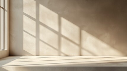 Obraz premium Minimalist rustic concrete shelf with sunlight shadows on textured wall