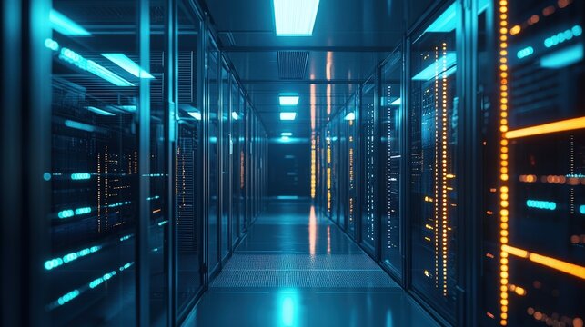 Server room with glowing blue lights, symbolizing data flow and technological advancement. Ideal for technology, cloud computing, cybersecurity, and innovation.