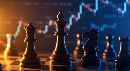 A close-up of glossy black chess pieces strategically placed on a chessboard overlaid with glowing stock market graphs and financial data in the background