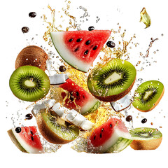 A Burst of Kiwi Coconut and Watermelon Scattering Isolated on Transparent Background