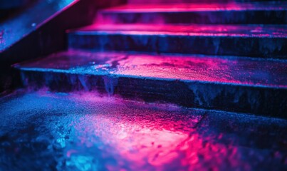Macro view of rain-soaked concrete steps with reflections of colorful neon lights creating a dreamy urban aesthetic. Cool tones dominate,
