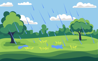 Colorful vector illustration of a serene landscape with rain and lush trees under a cloudy sky