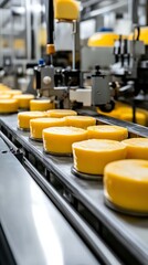 Fototapeta premium Cheese processing line with yellow and white packaging elements