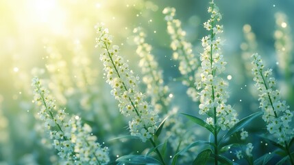 Serene field of delicate white flowers basking in soft sunlight with a dreamy background