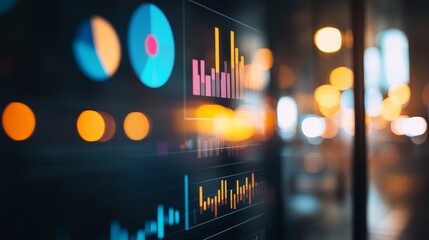 Vibrant data visualization on a glass screen with blurred city light in the background