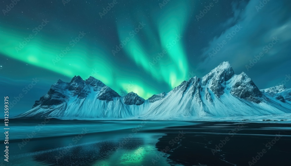 Wall mural breathtaking sight of emerald aurora borealis illuminating night sky above snow-covered mountain ran