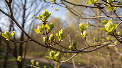 yellow spring flowers, bluming of buts on the tree