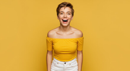 Obraz premium Young woman happy on yellow isolated background