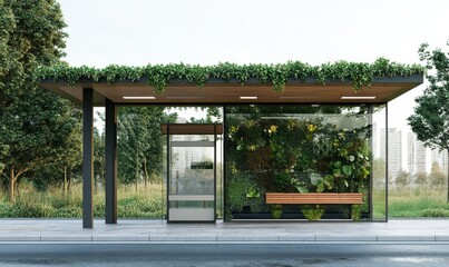 Modern bus stop with greenery and eco-friendly design elements.