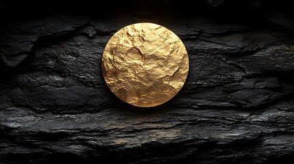 A golden circular form resting on dark textured stone