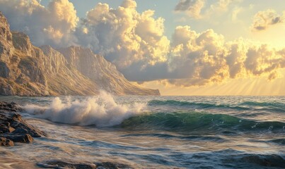 Fototapeta premium Scenic coastal view with waves crashing against the rocky shore, golden-hour light casting a warm glow over the cliff