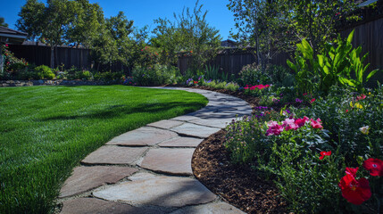 Obraz premium Serene garden pathway with lush greenery and colorful flowers in a sunny backyard.