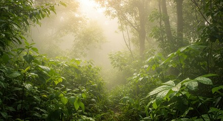 Walking Through Foggy Forest Path with Green Foliage and Trees
