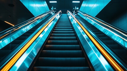 Symmetrical Escalators: Gleaming steel escalators stretch upwards in a symmetrical composition with yellow-lit handrails against a teal backdrop.
