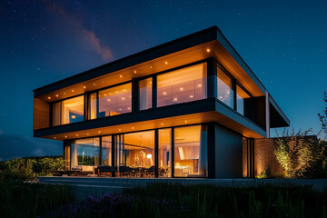 Fototapeta premium Night view of a luxury house and building with windows and balconies in an urban city