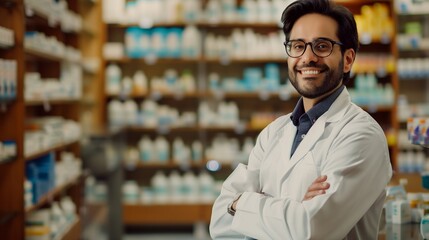 Fototapeta premium Photo of a smiling Indian pharmacist in a white coat. A man with dark hair, a beard and glasses looks friendly and professional.