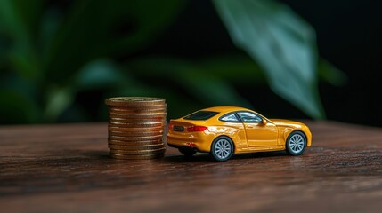 Yellow toy car beside stack of coins on wood.