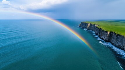 A striking rainbow emerges over the vast ocean, its colors reflecting on the water as waves crash against towering coastal cliffs. 