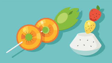 Refresh after a workout with a tropical fruit skewer grilled shrimp and a side of Greek yogurt for a balanced and proteinrich snack.. Vector illustration