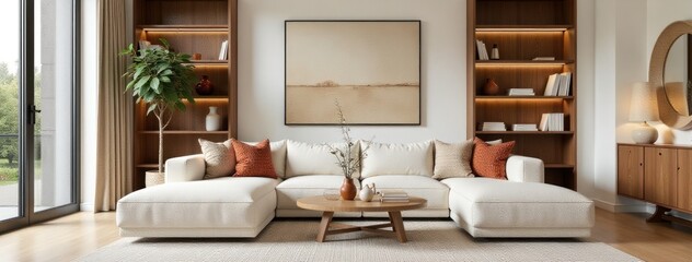 3D Modern Living Room Interior with Neutral Design. Ideal for showcasing 3D interior design projects, visualizing modern living spaces, illustrating neutral color palettes in home decor