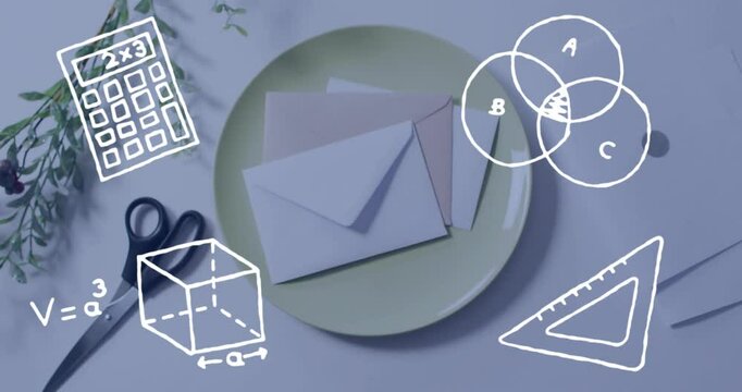 Math symbols with animation on envelopes, calculator and scissors on plate nearby