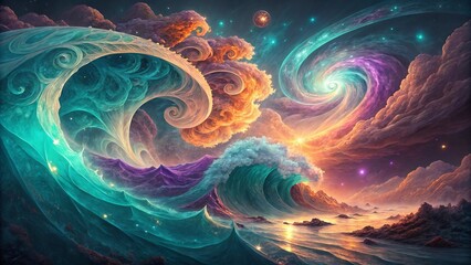 Enchanted Seascape with Swirling Waves and Celestial Sky